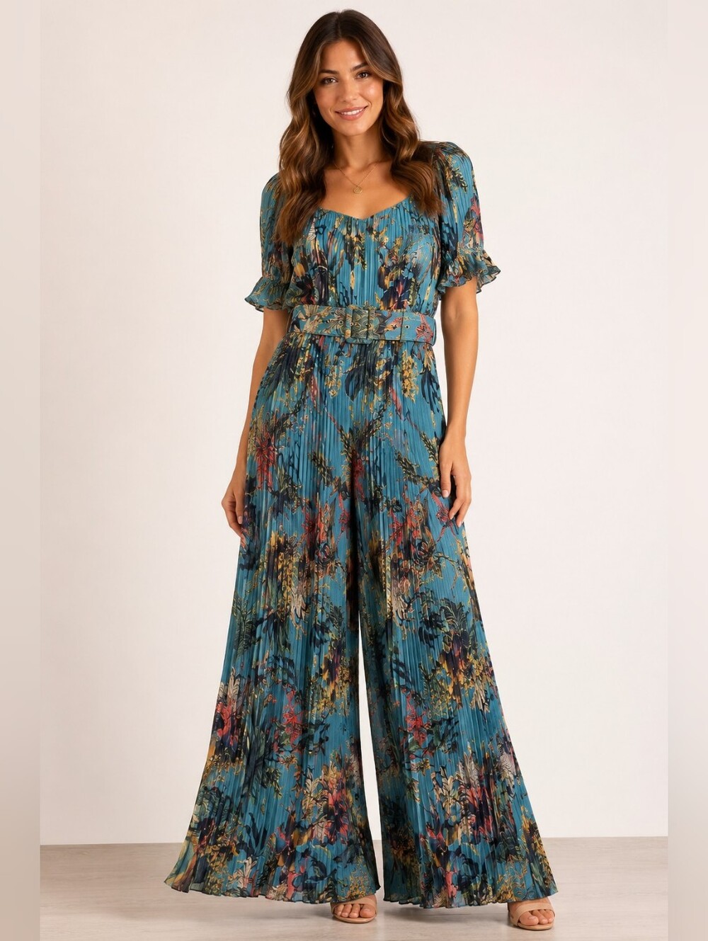 L’Atiste by Amy Pleated Floral Wide Leg Jumpsuit Belted Cutout Back Small NWT